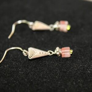 New 1/4 inch Pink Tourmaline Cube, Green & Silver Beaded Earrings